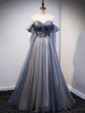 Blue Sweetheart Tulle with Lace Party Dress, Blue Long Formal Dress HZ1024