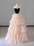 Champagne Strapless Tulle Long Prom Dress, Beautiful Formal Evening Dress HZ1024