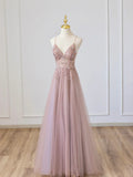Pink V-Neck Tulle Long Prom Dress with Beaded, Pink Spaghetti Strap Evening Dress HZ1024