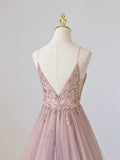 Pink V-Neck Tulle Long Prom Dress with Beaded, Pink Spaghetti Strap Evening Dress HZ1024