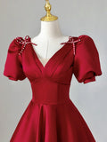 Burgundy V-Neck Satin Long Prom Dress, Burgundy Formal Evening Dress HZ1024