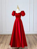 Red Satin Long Prom Dress, Simple A-Line Short Sleeve Evening Party Dress HZ1024