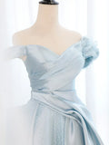 Blue Satin Tulle Long Prom Dress, Off Shoulder Formal Evening Dress HZ1024