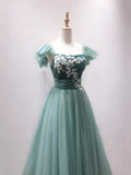Green Velvet Tulle Tea Length Prom Dress, Cute A-Line Party Dress with Lace HZ1024