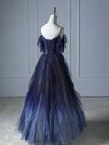Blue Gradient Tulle Long Prom Dress, Beautiful Spaghetti Strap Evening Party Dress HZ1024