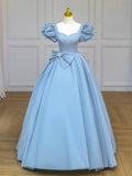 Blue Satin Long Prom Dress with Bow, Blue A-Line Formal Evening Dress HZ1024
