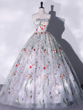Lovely Strapless Floral Tulle Long Prom Dress, Gray A-Line Evening Party Dress HZ1024