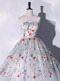 Lovely Strapless Floral Tulle Long Prom Dress, Gray A-Line Evening Party Dress HZ1024
