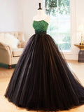 Black Strapless Tulle Long Prom Dress with Green Beaded, A-Line Formal Dress HZ1024