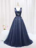 Blue Tulle Beaded Long Prom Dress, Blue Evening Party Dress HZ1024