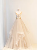 Champagne Velvet and Tulle Long Prom Dress, V-Neck Spaghetti Strap Evening Dress HZ1024
