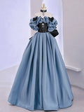 Blue Satin Lace Long Prom Dress, Off Shoulder Evening Dress HZ1024