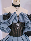 Blue Satin Lace Long Prom Dress, Off Shoulder Evening Dress HZ1024