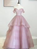 Pink Tulle Sequins Long Prom Dress, Off Shoulder Evening Dress HZ1024