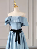Blue Satin Long Formal Dress, Blue Strapless A-Line Prom Dress HZ1024