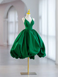 Green V-Neck Satin Short Prom Dress, A-Line Green Evening Dress HZ1024