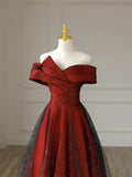 Burgundy Satin Long V-Neck Prom Dress, Off the Shoulder Party Dress HZ1024