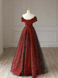 Burgundy Satin Long V-Neck Prom Dress, Off the Shoulder Party Dress HZ1024