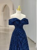 Blue Sequins Long Prom Dress, Off the Shoulder Blue Evening Dress HZ1024