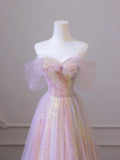 Shiny Tulle Sequins Long Prom Dress, A-Line Off the Shoulder Evening Dress HZ1024