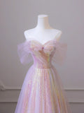 Shiny Tulle Sequins Long Prom Dress, A-Line Off the Shoulder Evening Dress HZ1024