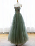 A-Line Green Tulle Long Prom Dress, Off the Shoulder Evening Party Dress HZ1024