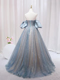 Blue Puff Sleeve Long A-Line Prom Dress, Off the Shoulder Formal Evening Dress HZ1024