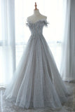 Gray Tulle Sequins Long Prom Dress, Off the Shoulder Evening Dress HZ1024
