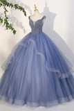 Blue Beaded Tulle Long A-Line Prom Dress, Blue Formal Evening Dress HZ1024