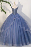 Blue Beaded Tulle Long A-Line Prom Dress, Blue Formal Evening Dress HZ1024