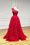 Red Tulle Lace Long Prom Dresses, One Shoulder Evening Dresses HZ1024