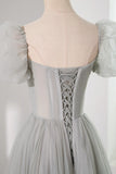 Gray Tulle Beading Long Prom Dress, A-Line Short Sleeve Evening Dress HZ1024