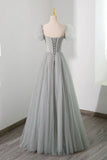 Gray Tulle Beading Long Prom Dress, A-Line Short Sleeve Evening Dress HZ1024