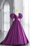 Purple Puff Sleeves Satin Long Prom Dress, V-Neck Evening Dress HZ1024