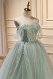 Green Tulle Beaded Ball Gown Off Shoulder Party Dress, Green Sweet 16 Dress HZ1024