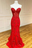Red Strapless Lace Long Prom Dress, Mermaid Evening Dress HZ1024