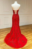 Red Strapless Lace Long Prom Dress, Mermaid Evening Dress HZ1024