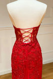 Red Strapless Lace Long Prom Dress, Mermaid Evening Dress HZ1024