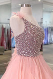 Pink Organza Beaded Long Formal Dress, A-Line One Shoulder Evening Dress HZ1024