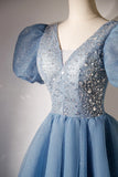 A-line V-neck Sequins Short Prom Dress, Blue Short Sleeve Evening Dress HZ1024