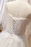 Champagne Lace Long A-line Prom Dress, Off the Shoulder Evening Dress HZ1024