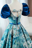Blue Printed Long A-Line Prom Dress, Elegant Short Sleeve Formal Dress HZ1024