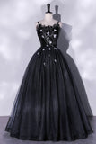 Black Tulle Long A-Line Evening Gown, Black Spaghetti Strap Evening Gown HZ1024