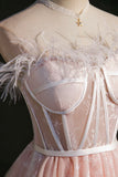 Pink Strapless Lace Short Prom Dress, A-Line Party Dress with Feather HZ1024