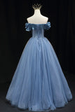 Blue Tulle Beaded Long Prom Dress, Elegant A-Line Blue Evening Dress HZ1024