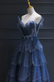 Blue Tulle Beaded Long Senior Prom Dress, A-Line Blue Formal Dress HZ1024