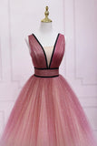 Cute Ombre Tulle V-Neck Long Party Dress, A-line Prom Dress HZ1024