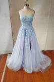 Blue Strapless Lace Long A-Line Prom Dress, Blue Evening Party Dress HZ1024