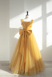 Yellow Satin Tulle Long Prom Dress, A-Line Evening Dress with Bow HZ1024