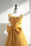Yellow Satin Tulle Long Prom Dress, A-Line Evening Dress with Bow HZ1024